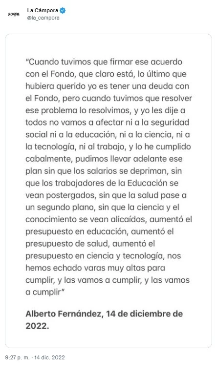 La_Cámpora_tuit_Twitter_Alberto_Fernández_Frente_de_Todos_Gobierno